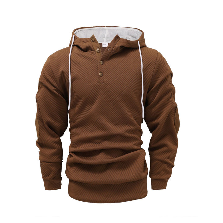 Herren nan strukturierter Kapuzenpullover im Henley-Stil mit Kontrastbesatz und Ellenbogenaufnähern Drune