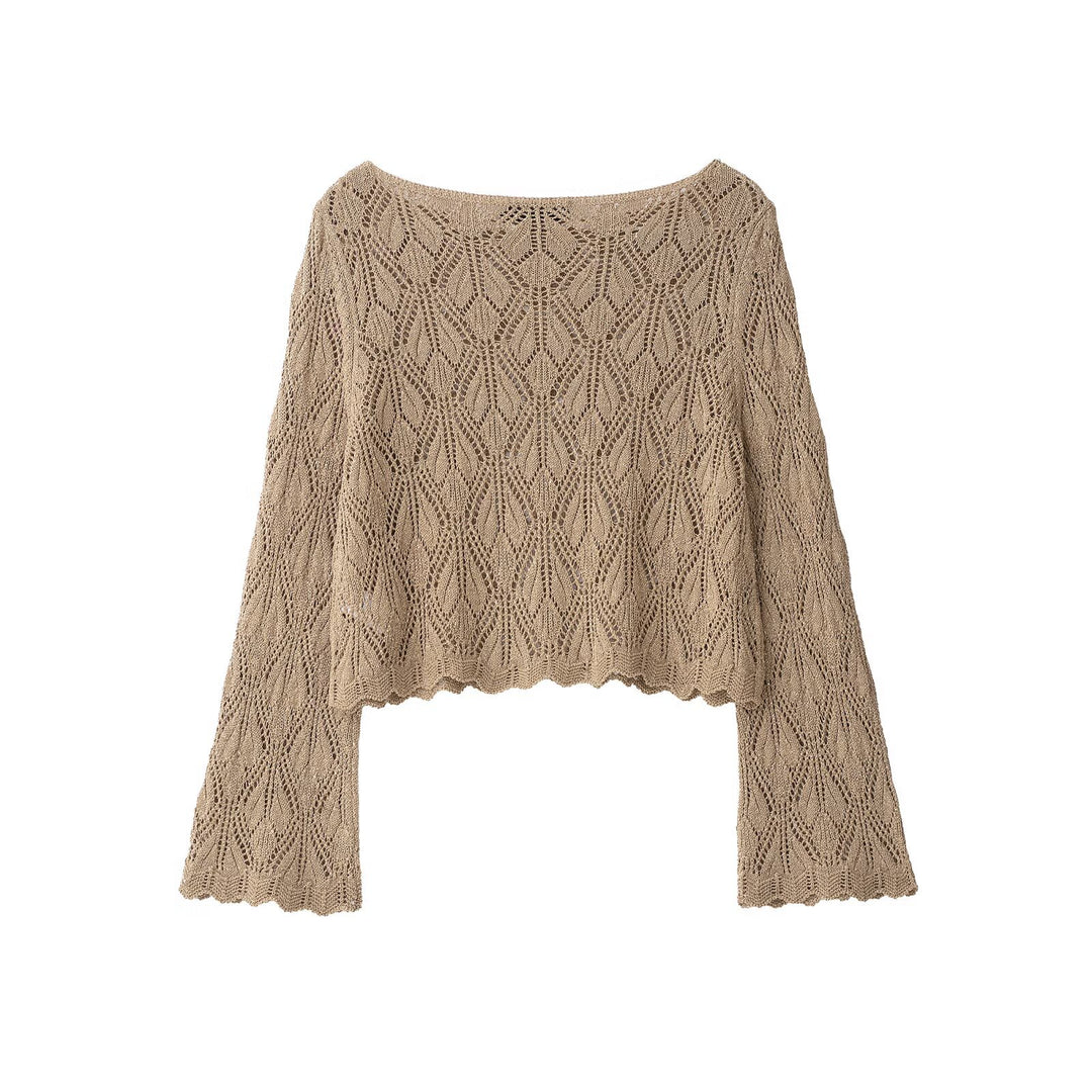Damen Gehäkelt wirkender Cropped‑Strickpullover mit Ajourmuster und Glockenärmeln Drune