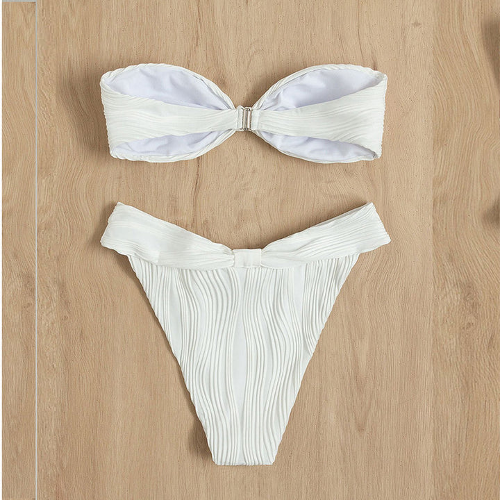 Damen Bandeau-Bikini mit modischer Raffung und hoch geschnittenem Slip Drune
