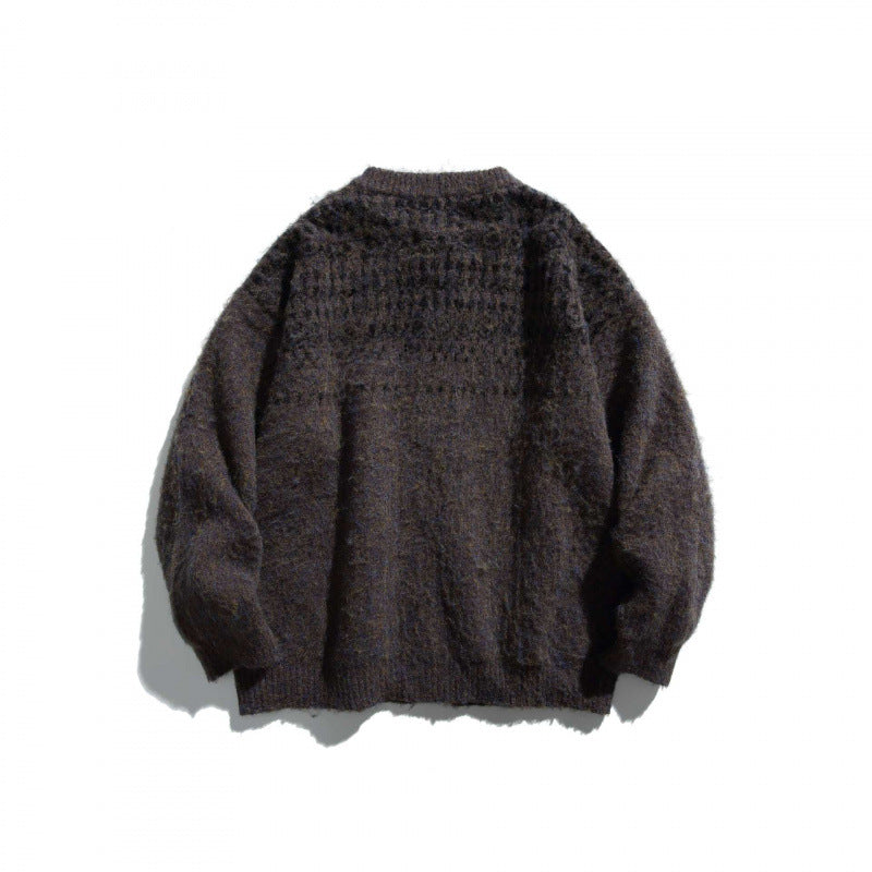 Unisex Grobgestrickte Oversize-Knopfleisten-Strickjacke aus Mohair-Mix mit Rundhals Drune