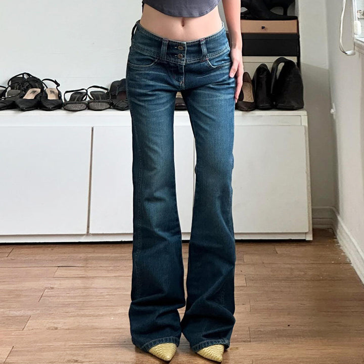 Damen Low-Rise Bootcut-Jeans mit doppelter Knopfleiste und extra weitem Schlag Drune