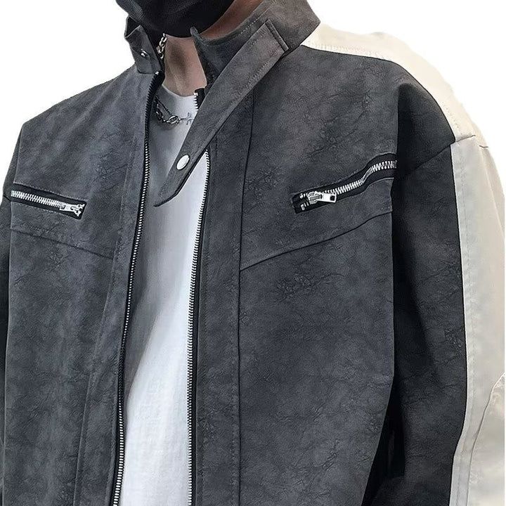 Herren Kontrastärmeliges Oversized Kunstleder-Utility-Jacke mit Stehkragen Drune