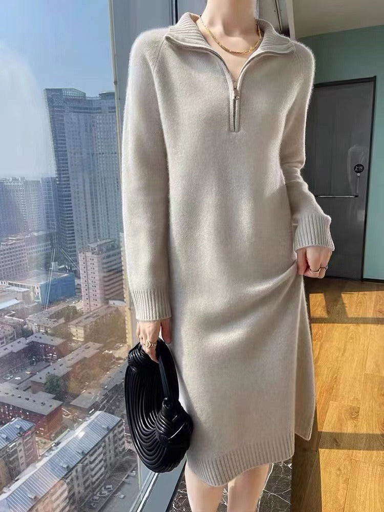Damen elegantes Strickkleid mit hochgeschlossenem Kragen und Reißverschluss Drune