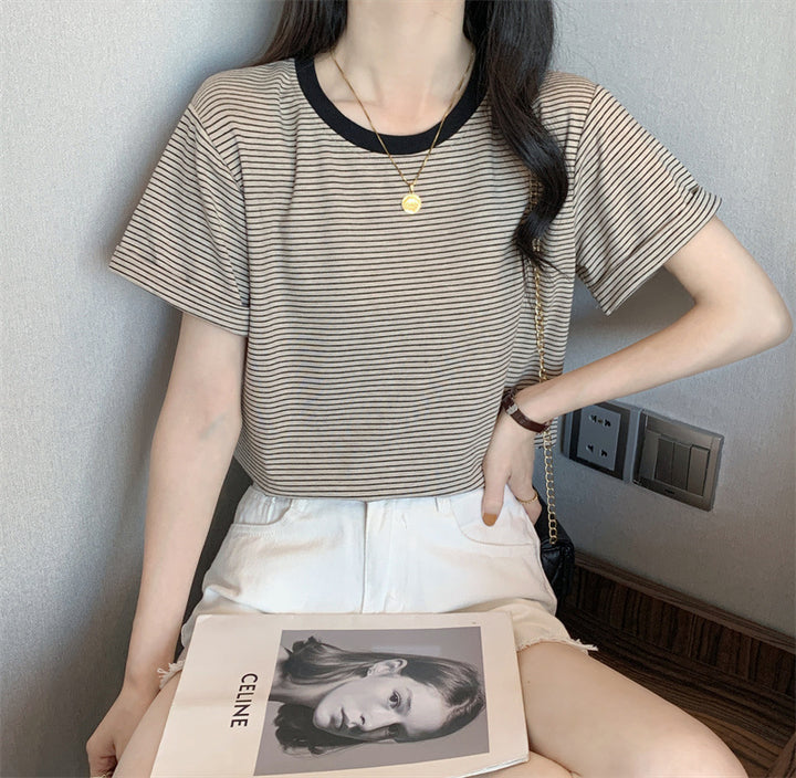 Damen gestreiftes T-Shirt mit kontrastierendem Rundhalsausschnitt und bequemem Schnitt
