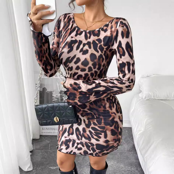 Damen Minikleid mit weit ausgestellten Ärmeln und Leopardenmuster Drune