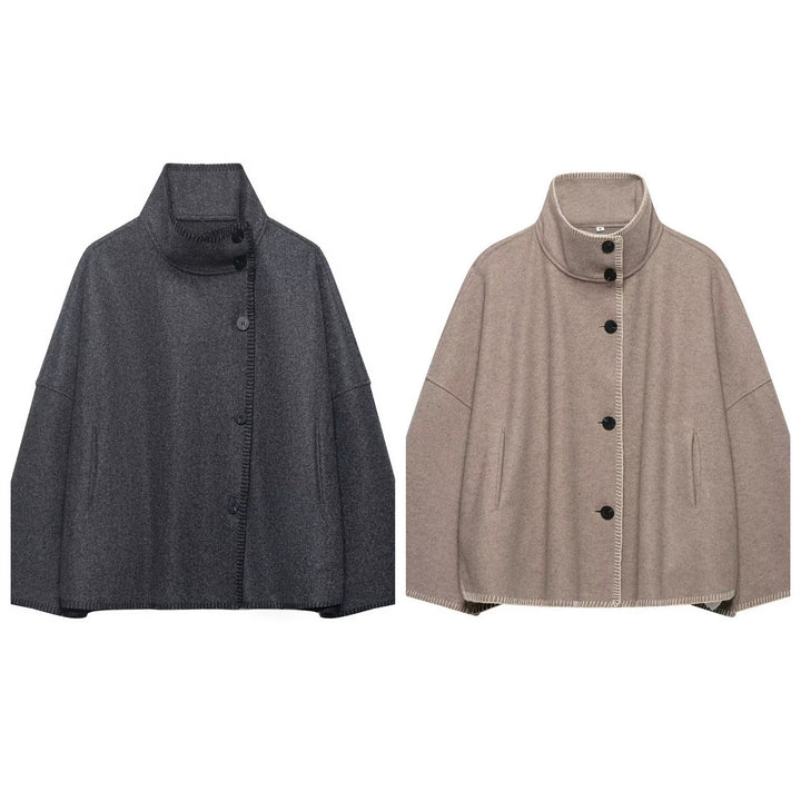 Damen Wollmix-Cape mit hohem Stehkragen, dekorativer Ziernaht und Knopfleiste Drune