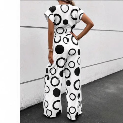 Damen Jumpsuit mit modernem Kreismuster und Taillengürtel Drune