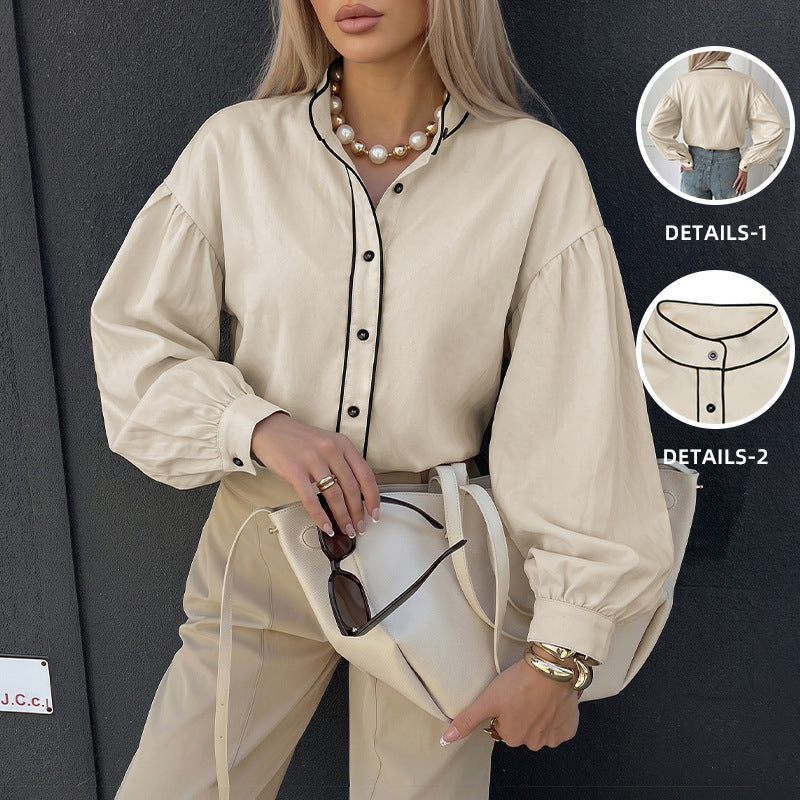 Damen Bluse mit Stehkragen, kontrastierender Paspelierung und Ballonärmeln Drune