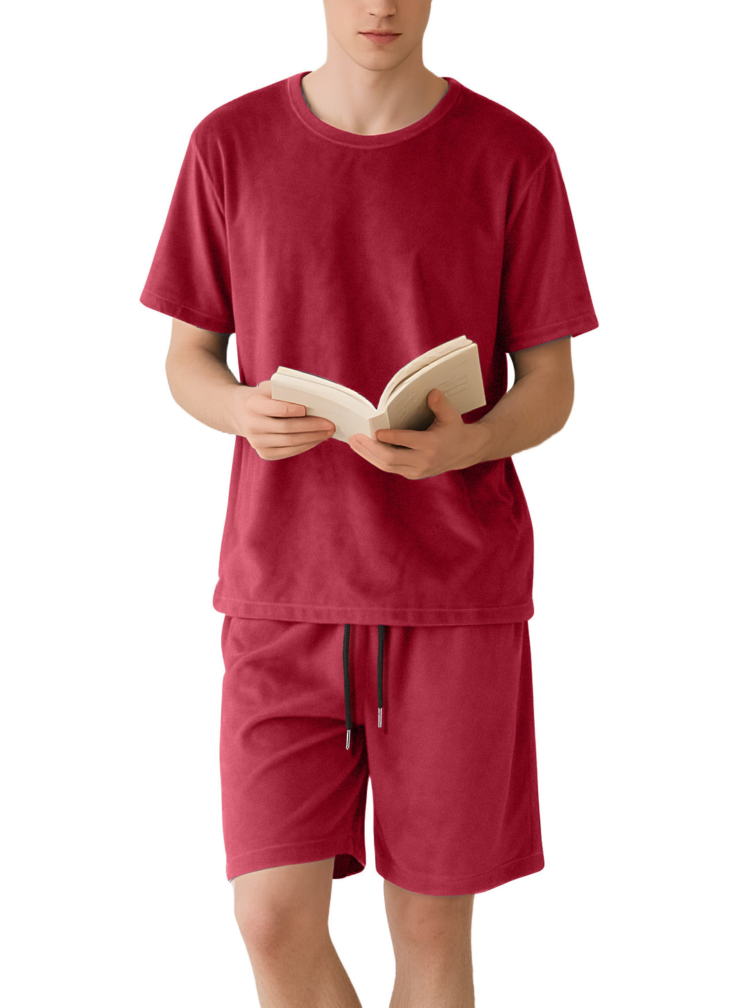 Herren nan Samtvelours Lounge-Set mit Rundhals-Kurzarmshirt und Kordelshorts Drune