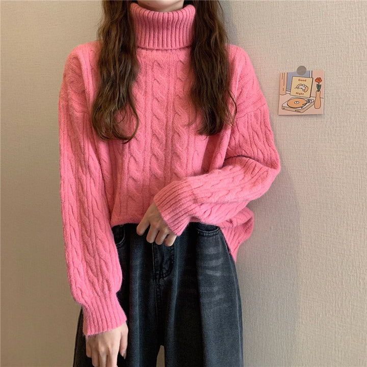 Damen Grobstrickpullover mit hohem Kragen und Zopfmuster Drune