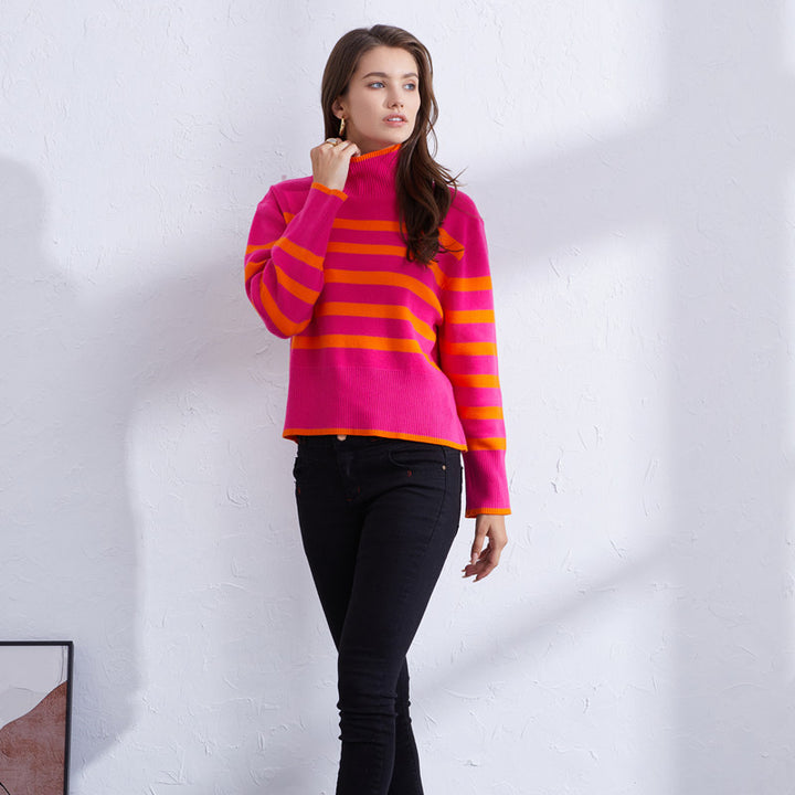 Damen hochwertiger gestreifter Pullover mit Stehkragen Drune