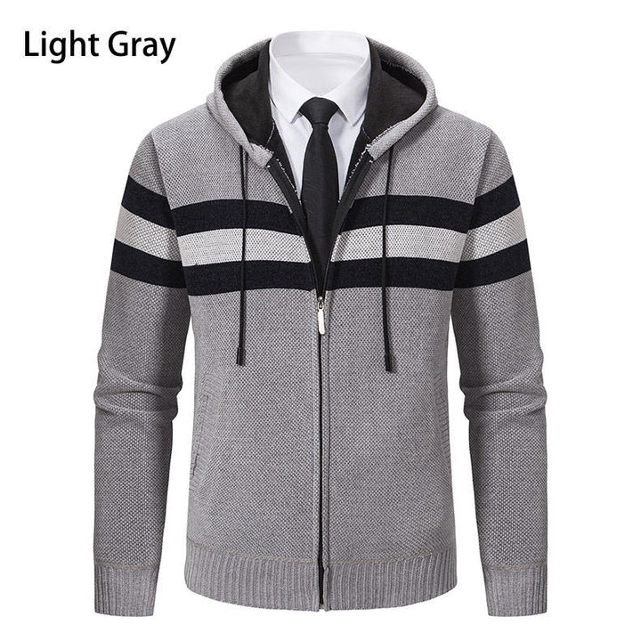 Herren Kapuzen-Strickjacke mit durchgehendem Reißverschluss, Kontraststreifen und Eingrifftaschen Drune