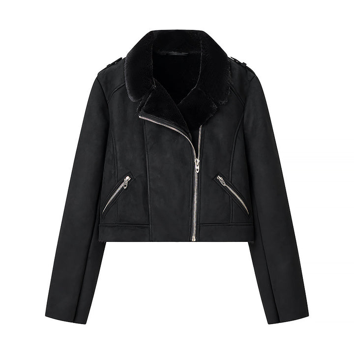 Damen Kurze Bikerjacke im Aviator-Look mit Kunstfellkragen und asymmetrischem Reißverschluss Drune