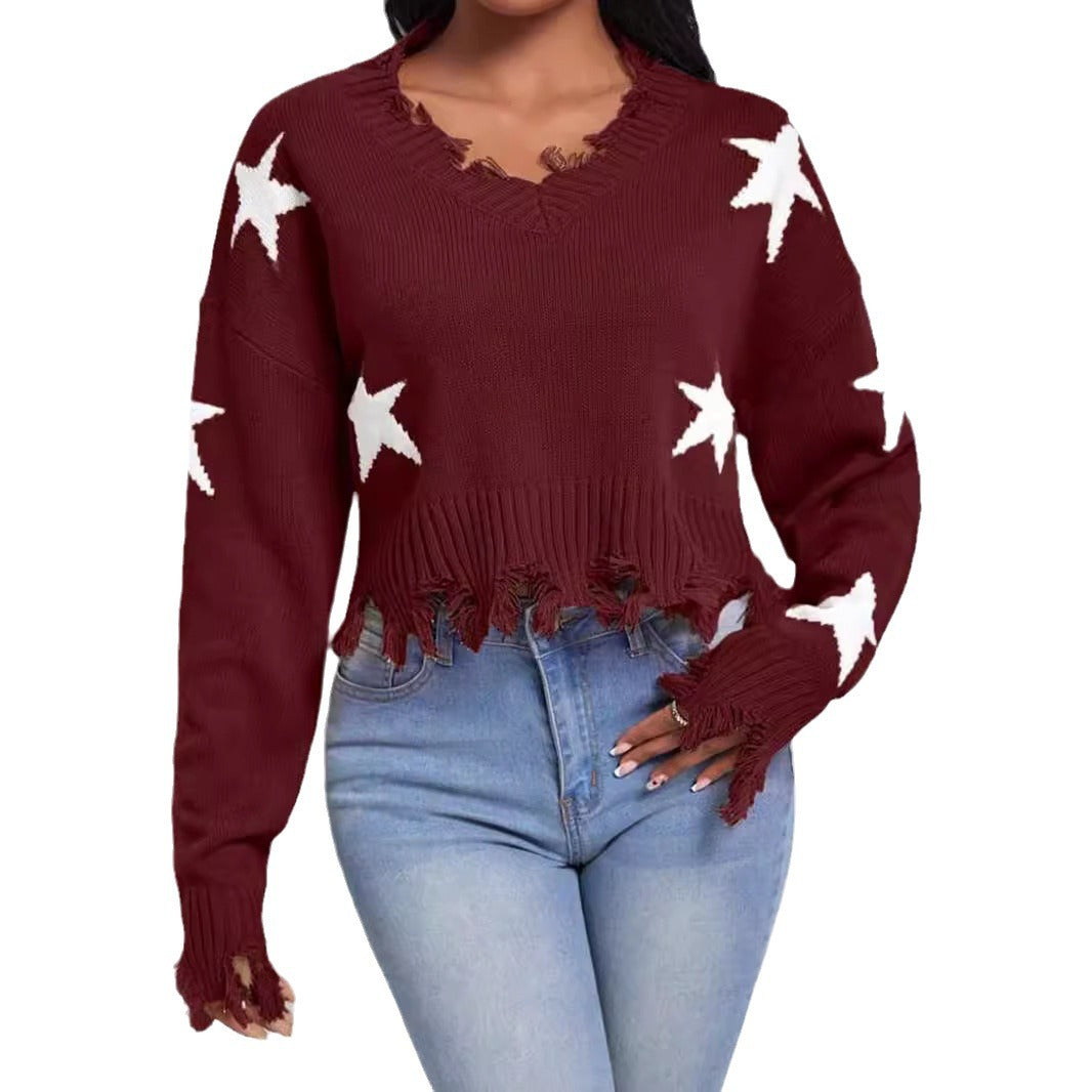 Damen modischer Sweatpullover mit Sternenmotiv und ausgefranstem Saum Drune