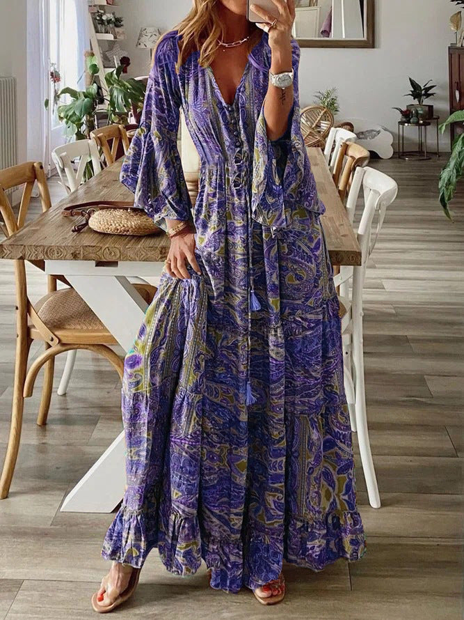 Damen Boho Maxikleid mit Paisley-Print, V-Ausschnitt, Stufenrock und Bindegürtel Drune
