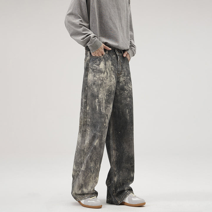 Herren Baggy-Denim mit künstlerischer Bleach-Optik und weitem Bein Drune