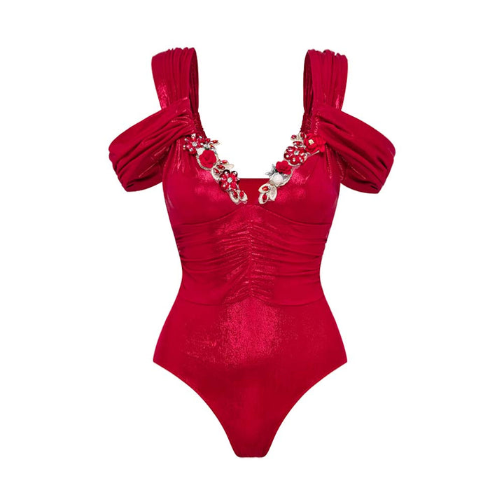 Damen Luxuriöser Schwimmanzug mit schulterfreien Rüschenträgern und passendem Maxirock Drune
