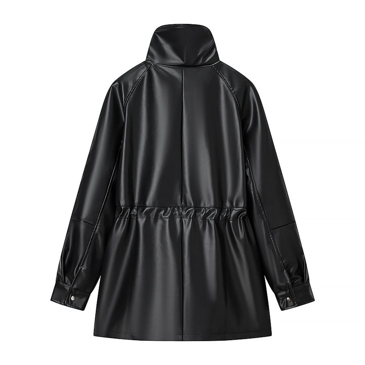 Damen Wasserabweisende Parka‑Jacke aus Kunstleder mit hohem Stehkragen und Tunnelzugtaillierung Drune