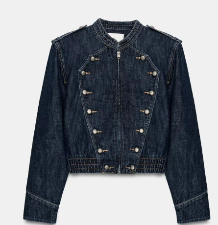 Damen Kurz geschnittene Jeansjacke mit Mandarinkragen, Zierknopfreihe und Schulterpatten Drune