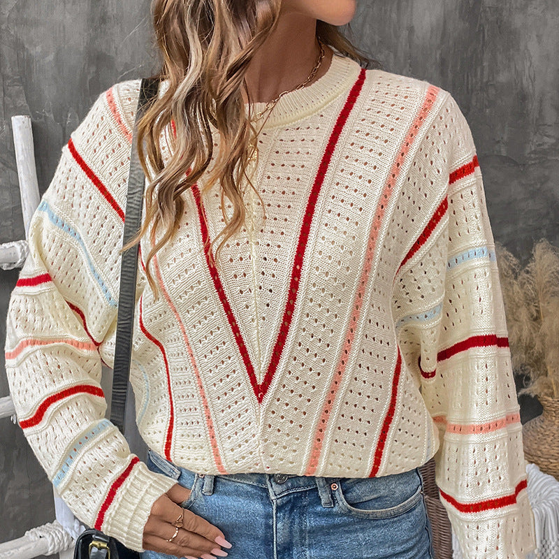 Damen Oversize-Ajourstrickpullover mit V-Streifen-Design Drune