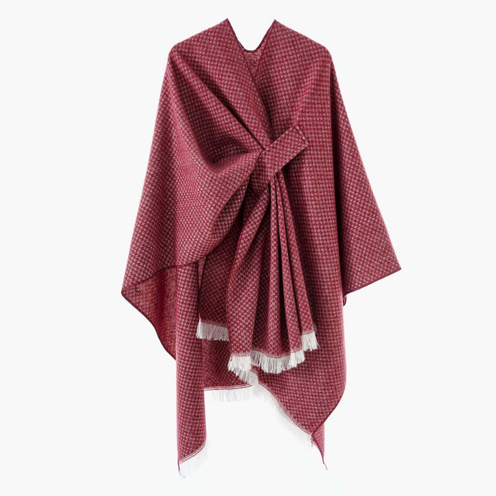 Damen Umlegbarer Wollmix-Poncho mit Hahnentritt-Jacquard und Bindegürtel Drune
