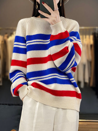 Damen Oversize-Streifenpullover aus weichem Wollmix mit maritimer Blockstreifen und Rundhals Drune