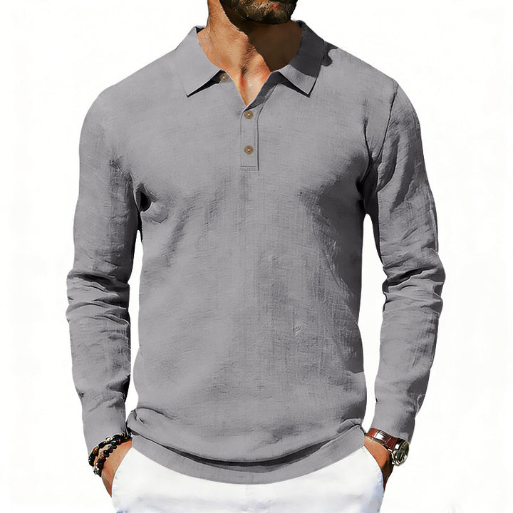 Herren nan Langarm-Poloshirt aus Leinen mit Henley-Knopfleiste und Kentkragen Drune