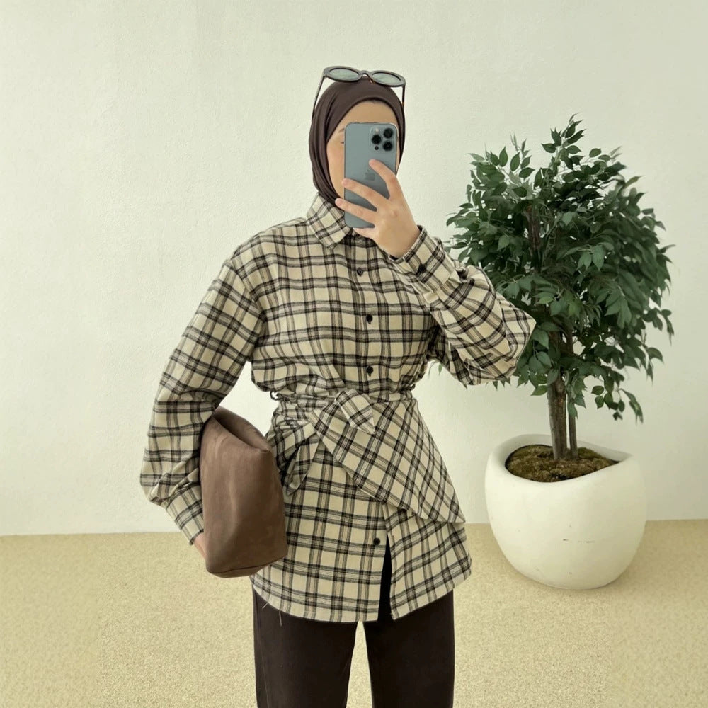 Damen Oversize-Kariertes Hemd mit Taillengürtel und verlängertem Rückensaum Drune