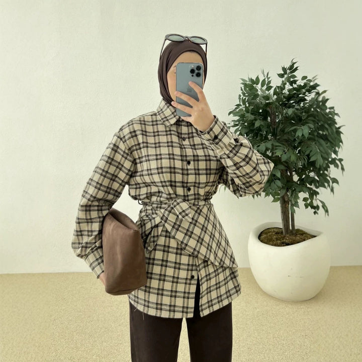 Damen Oversize-Kariertes Hemd mit Taillengürtel und verlängertem Rückensaum Drune