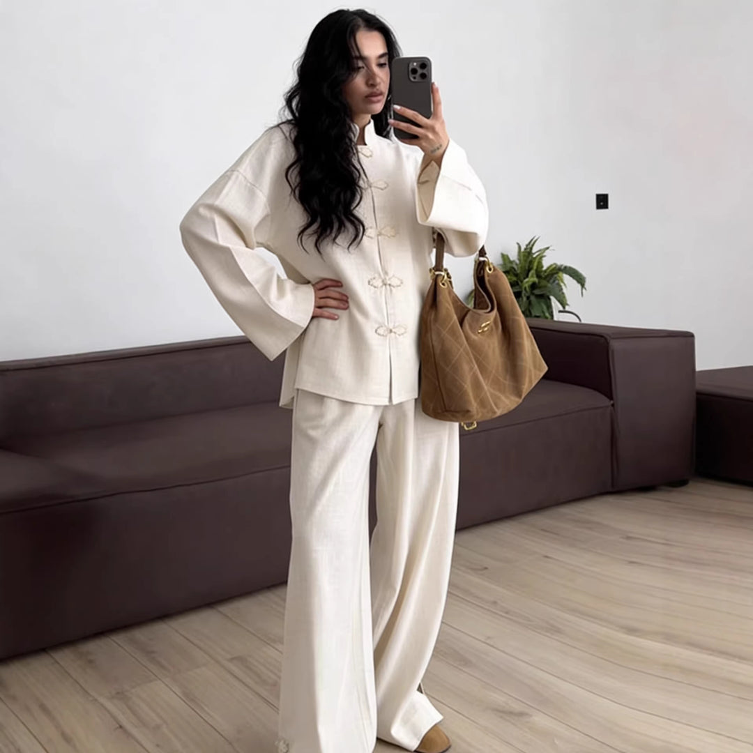 Damen Oversized Mandarinjacke mit Knotenverschlüssen und weitem Arm Drune