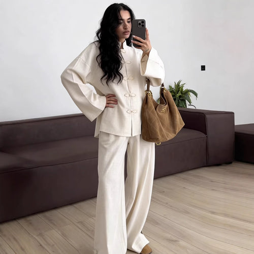 Damen Oversized Mandarinjacke mit Knotenverschlüssen und weitem Arm Drune
