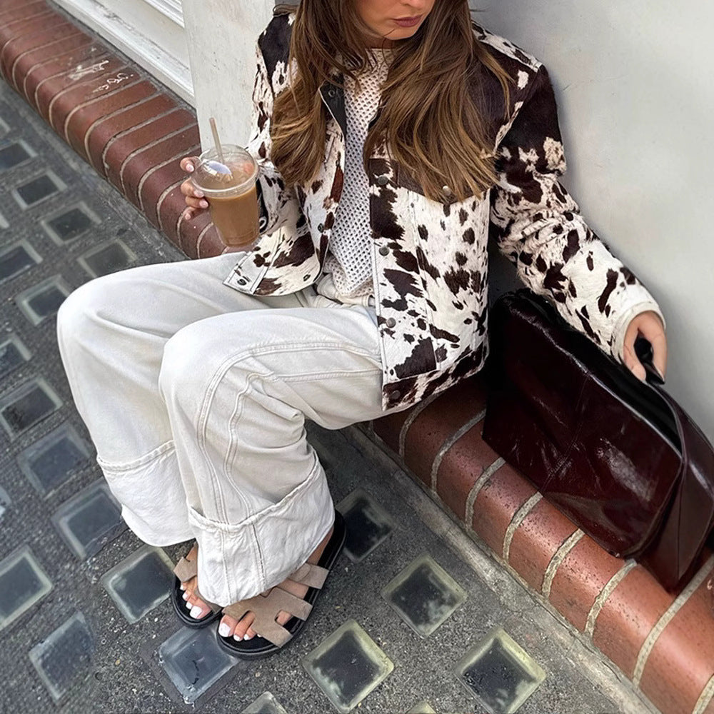 Damen trendige Lederjacke mit Farbmix und einzigartigem Muster Drune