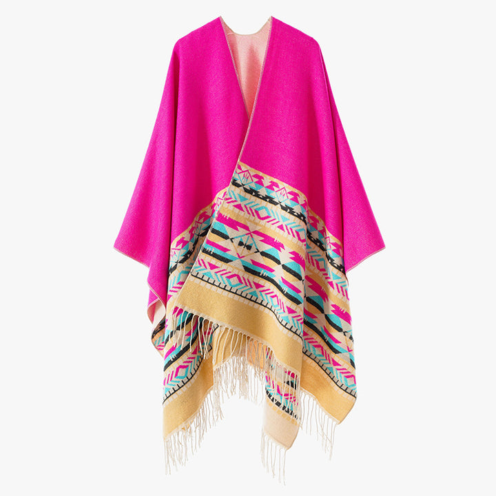 Damen V-Kragen-Überwurfponcho im Kimono-Fall mit Ethno-Bordüre und Fransensaum Drune