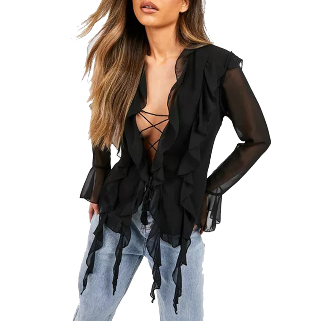 Damen Rüschenshirt mit eleganten Schnürdetails und transparenten Ärmeln Drune