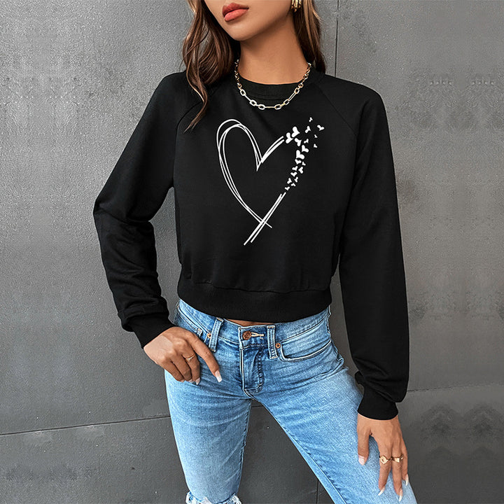 Damen Kurz geschnittenes Sweatshirt mit Herz-Print, Rundhalsausschnitt und Rippbündchen Drune