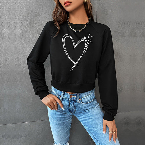 Damen Kurz geschnittenes Sweatshirt mit Herz-Print, Rundhalsausschnitt und Rippbündchen Drune