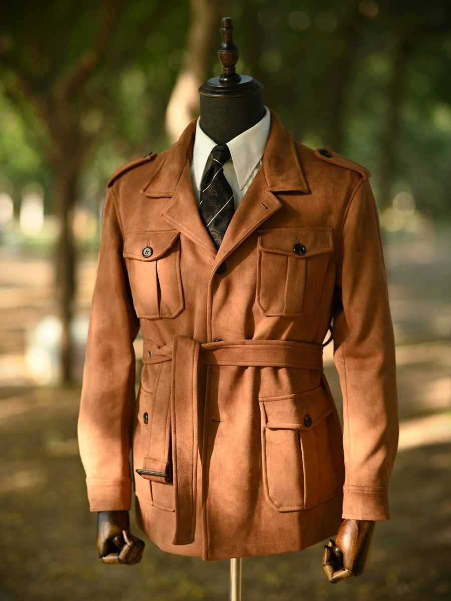 Herren Veloursleder-Safari-Jacke mit Taillengürtel und Pattentaschen Drune