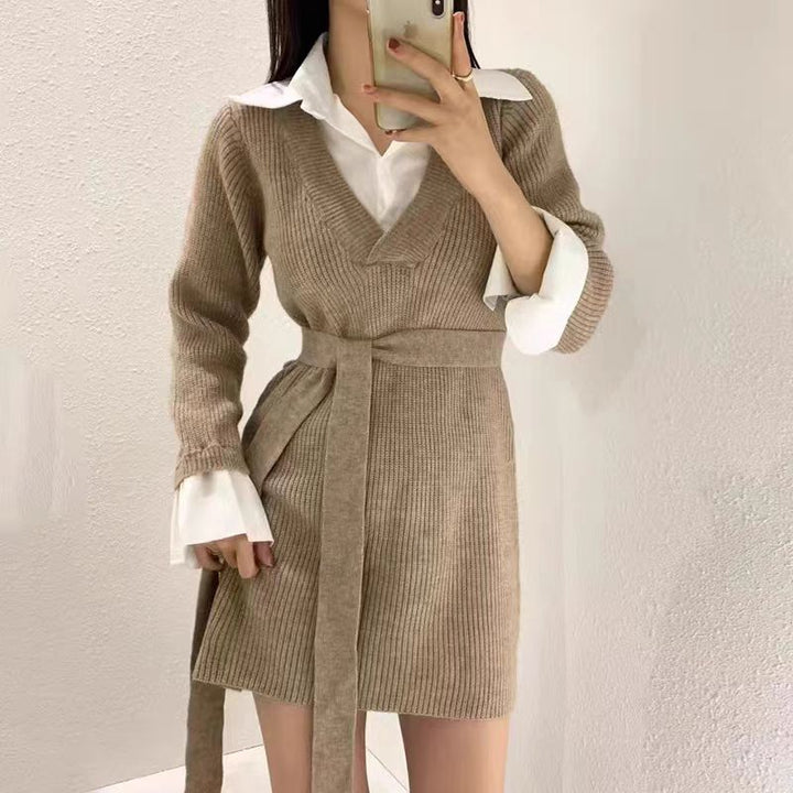 Damen elegantes Strickkleid mit tailliertem Gürtel und ausgefallenem Kragen Drune