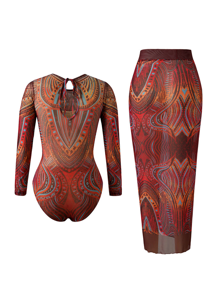 Damen Eleganter Badeanzug mit langem Arm und transparente Wickelrock Drune