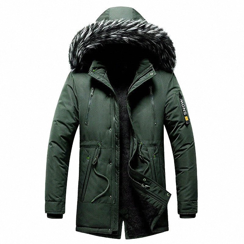 Herren Winterparka mit Kunstfellkapuze, gefütterter Thermo-Mantel mit Kordelzug Drune