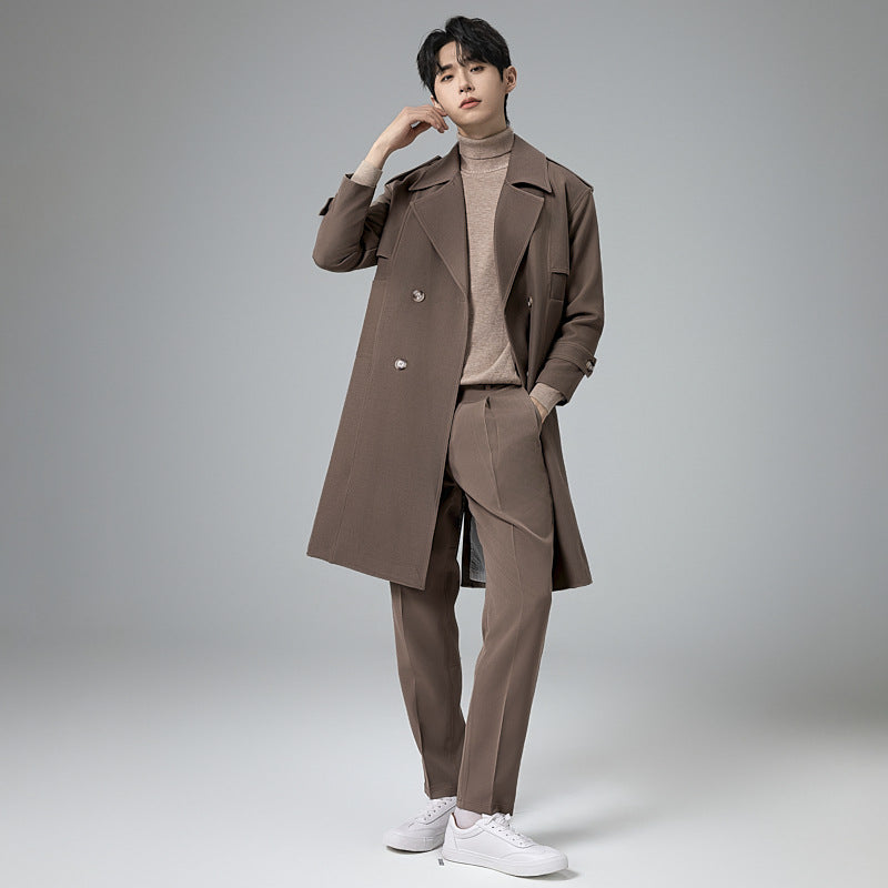 Herren Doppelreihiger Trenchcoat mit Taillengürtel und klassischem Revers Drune