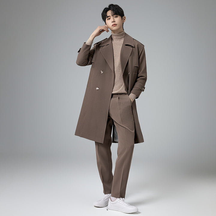 Herren Doppelreihiger Trenchcoat mit Taillengürtel und klassischem Revers Drune