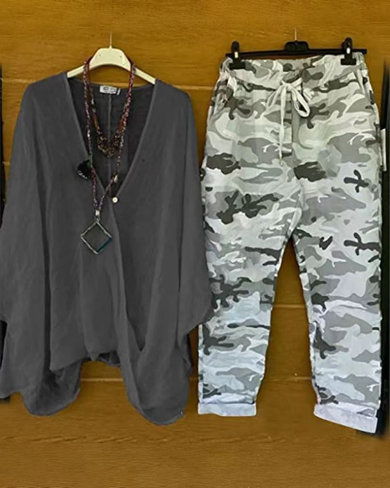 Damen nan Zweiteiler aus fließendem Kimono-Top und Camouflage-Jogginghose Drune