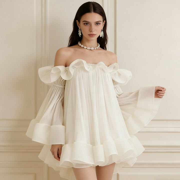 Damen Verspielt-romantisches Minikleid mit Volants und schulterfreiem Design Drune