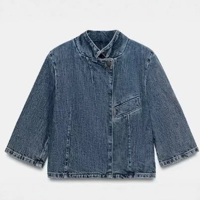 Damen Boxy Cropped Denimjacke mit Mandarin-Kragen, asymmetrischer Knopfblende und Fransenabschluss Drune