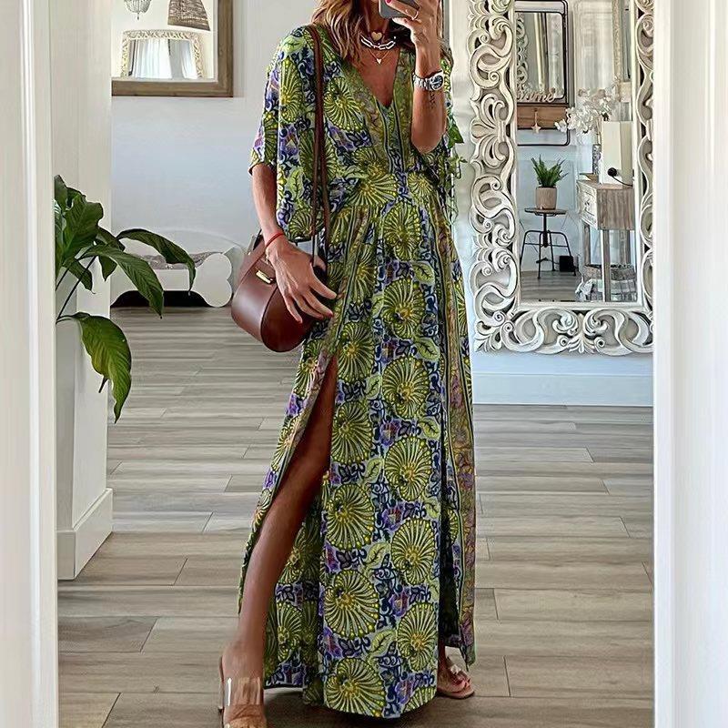 Damen Maxikleid im Boho-Stil mit Wickeleffekt, V-Ausschnitt und hohem Beinschlitz Drune
