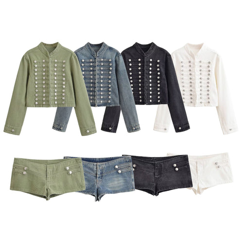 Damen Jeansjacke im Military-Stil mit Stehkragen und dekorativen Zierknopfleisten Drune