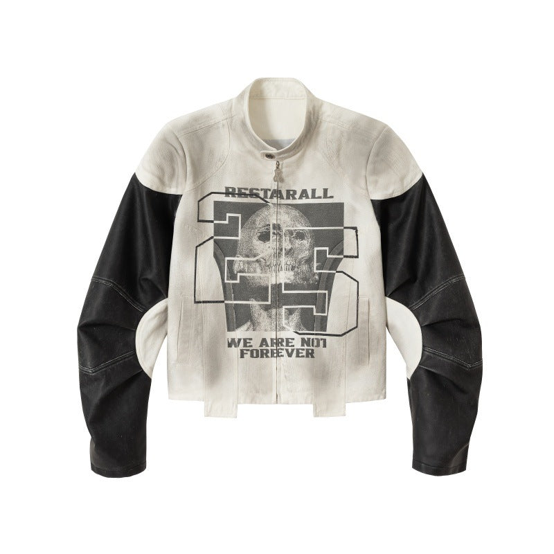 Unisex Kurz geschnittene Boxy‑Bikerjacke im Vintage‑Lederlook mit grafischem Skull‑Print und Stehkragen Drune