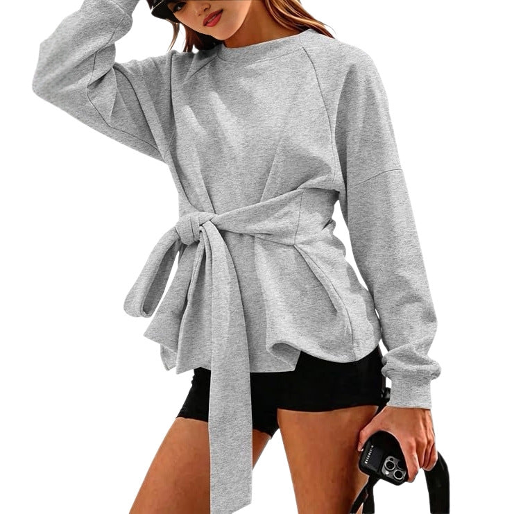 Damen Oversize-Sweatshirt mit Wickelgürtel, Schößchen und Raglanärmeln Drune