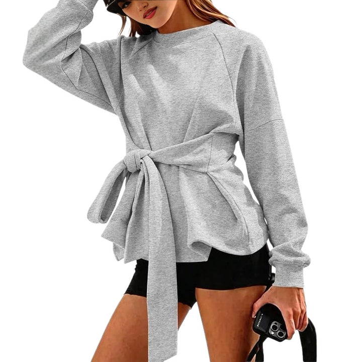 Damen Oversize-Sweatshirt mit Wickelgürtel, Schößchen und Raglanärmeln Drune